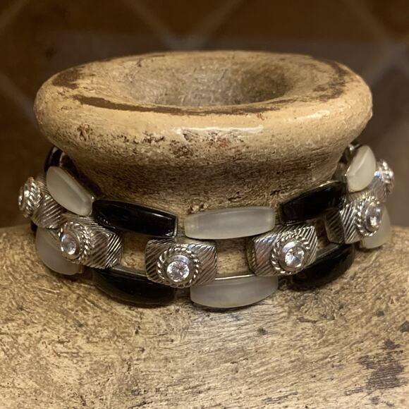 Judith Ripka Bracelet Sterling Silver, Black Onyx, MOP, and CZ Hinged 7.75 Inch - Picture 1 of 11
